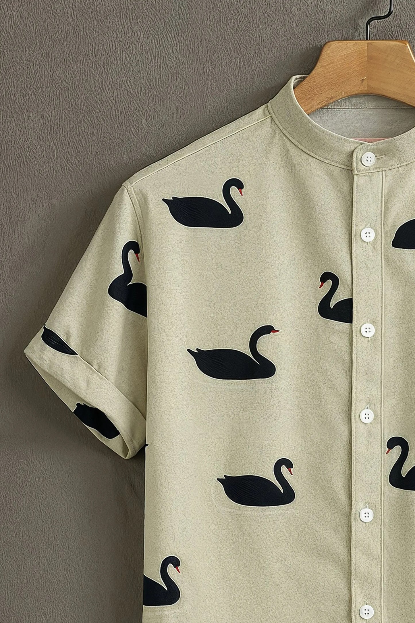 Beige Swan Print Mandarin Collar Shirt for Men | Minimal Half Sleeve Casual Shirt