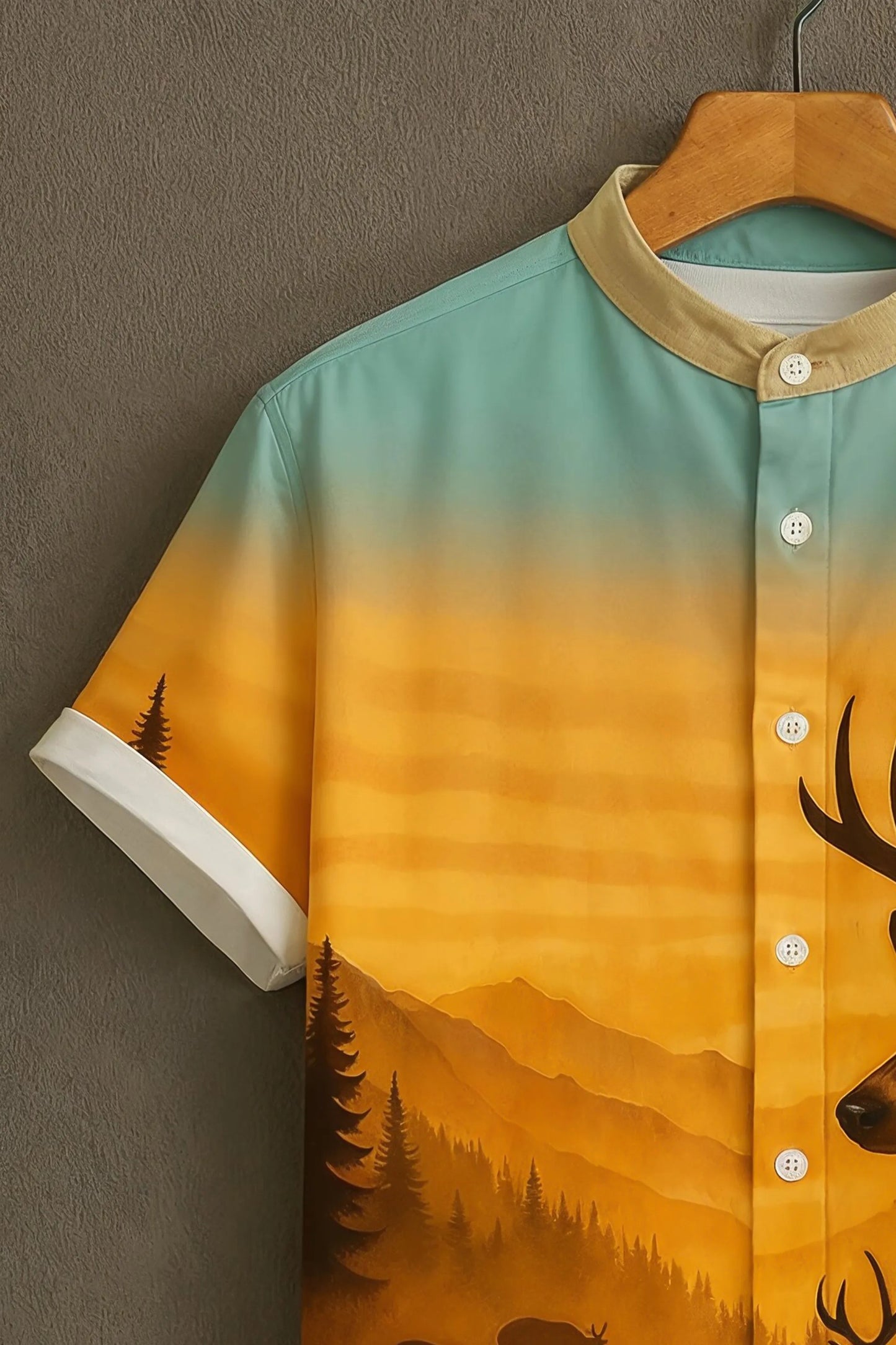 Sunset Deer Landscape Print Mandarin Collar Shirt for Men | Artistic Half Sleeve Casual Shirt