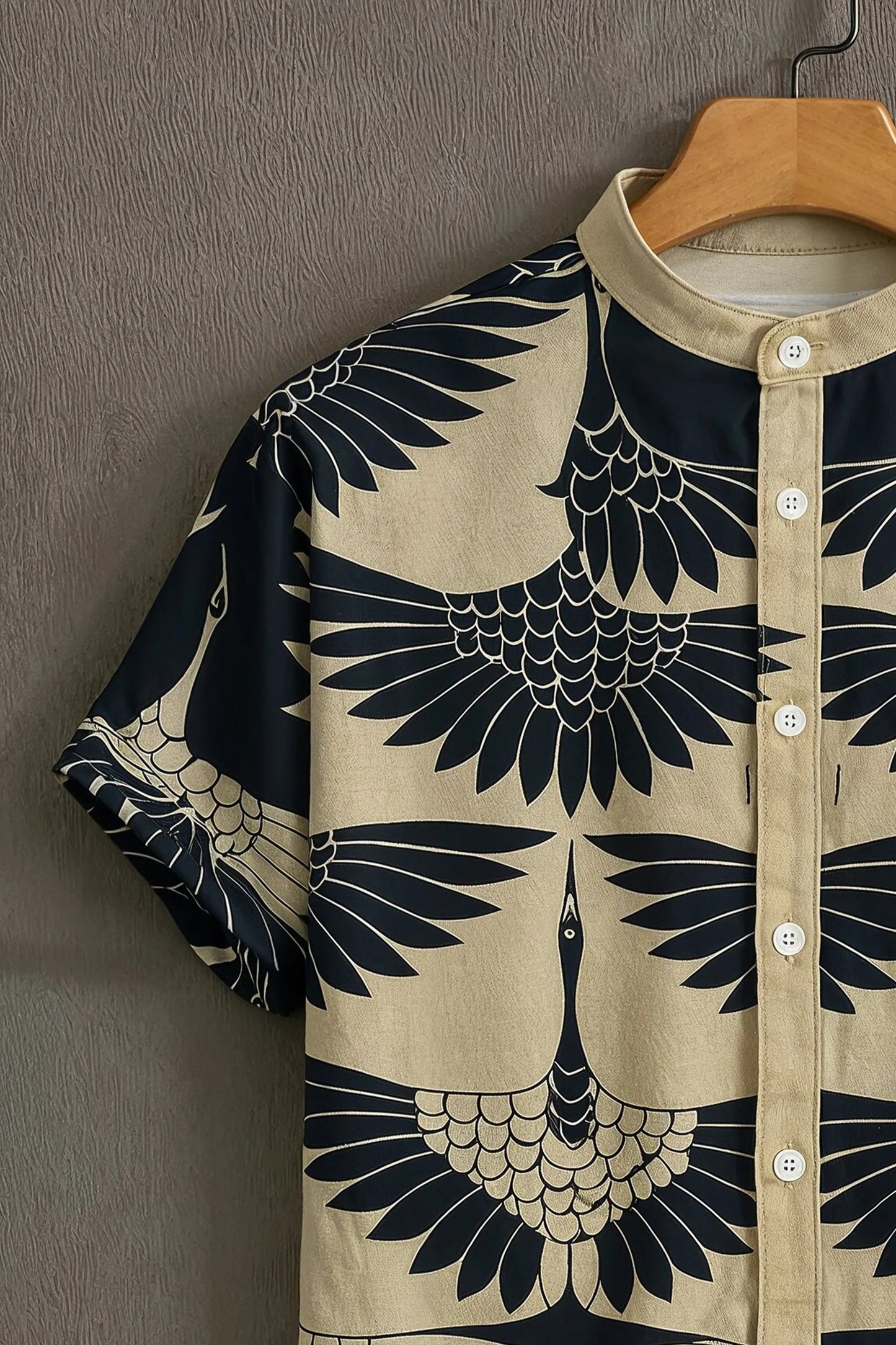 Navy Blue Crane Print Mandarin Collar Shirt for Men | Premium Half Sleeve Casual Shirt