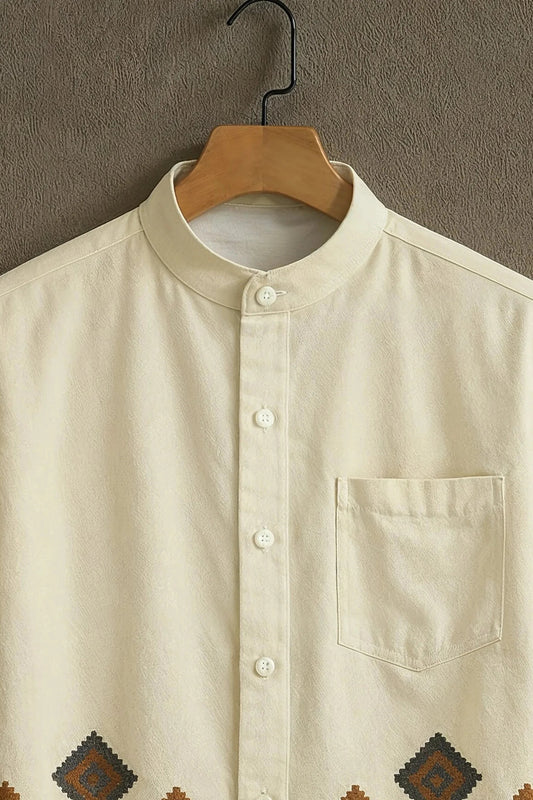 Minimal Ethnic Embroidered Mandarin Collar Shirt for Men | Off White Casual Designer Shirt
