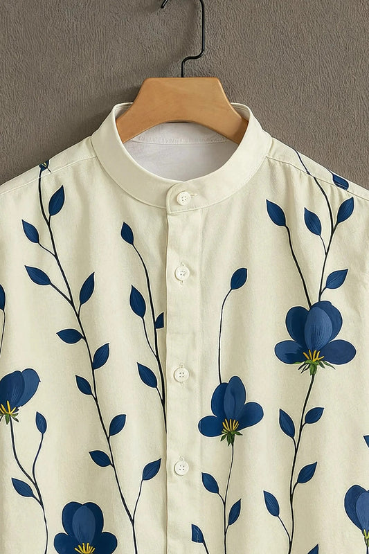 White Blue Floral Vine Print Mandarin Collar Shirt for Men | Minimal Elegant Half Sleeve Shirt