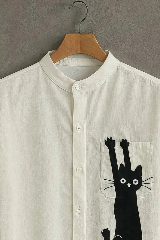 White Cat Print Mandarin Collar Shirt for Men | Minimal Graphic Half Sleeve Casual Shirt