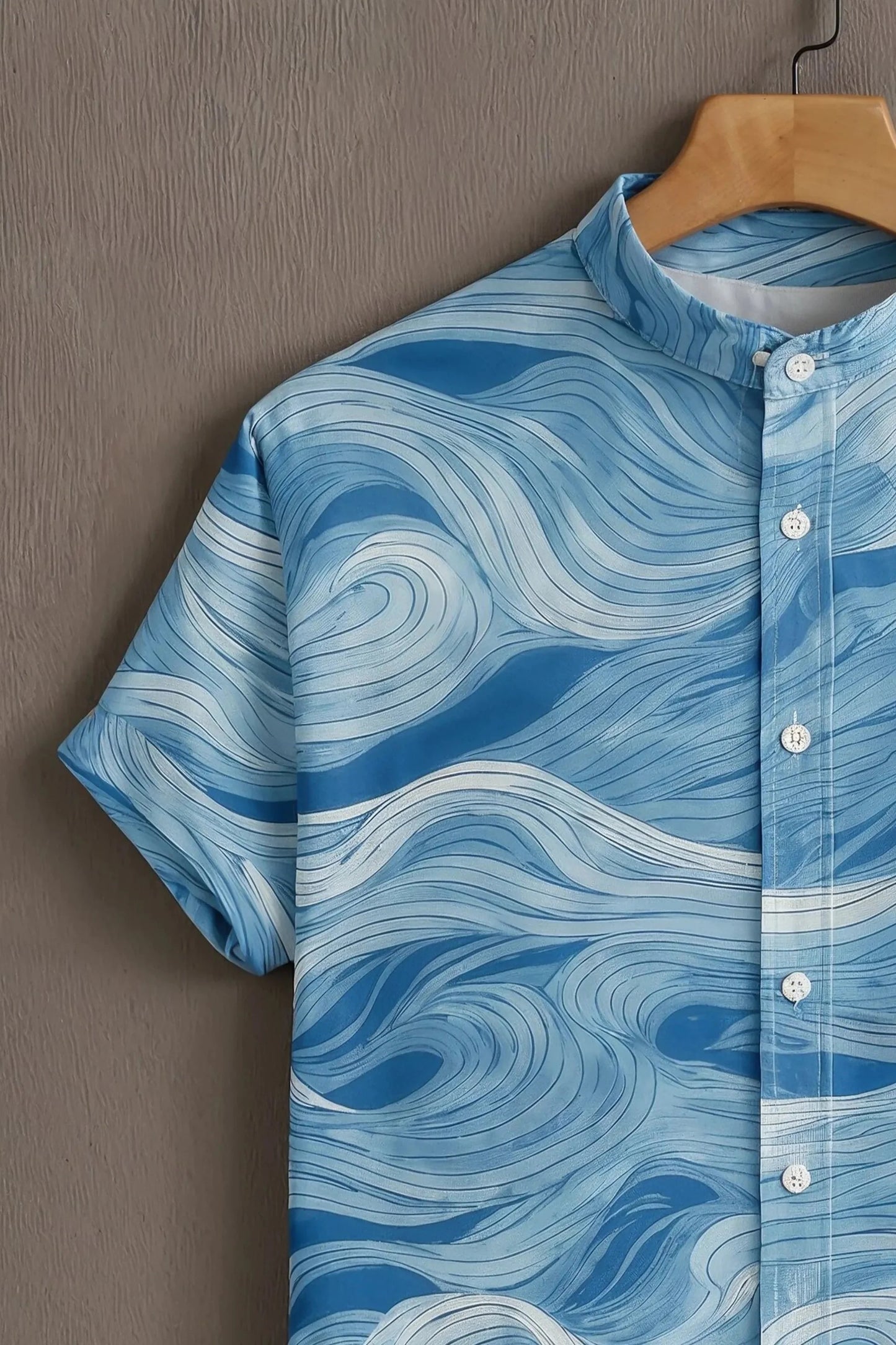 Sky Blue Wave Print Mandarin Collar Shirt for Men | Ocean Inspired Half Sleeve Casual Shirt