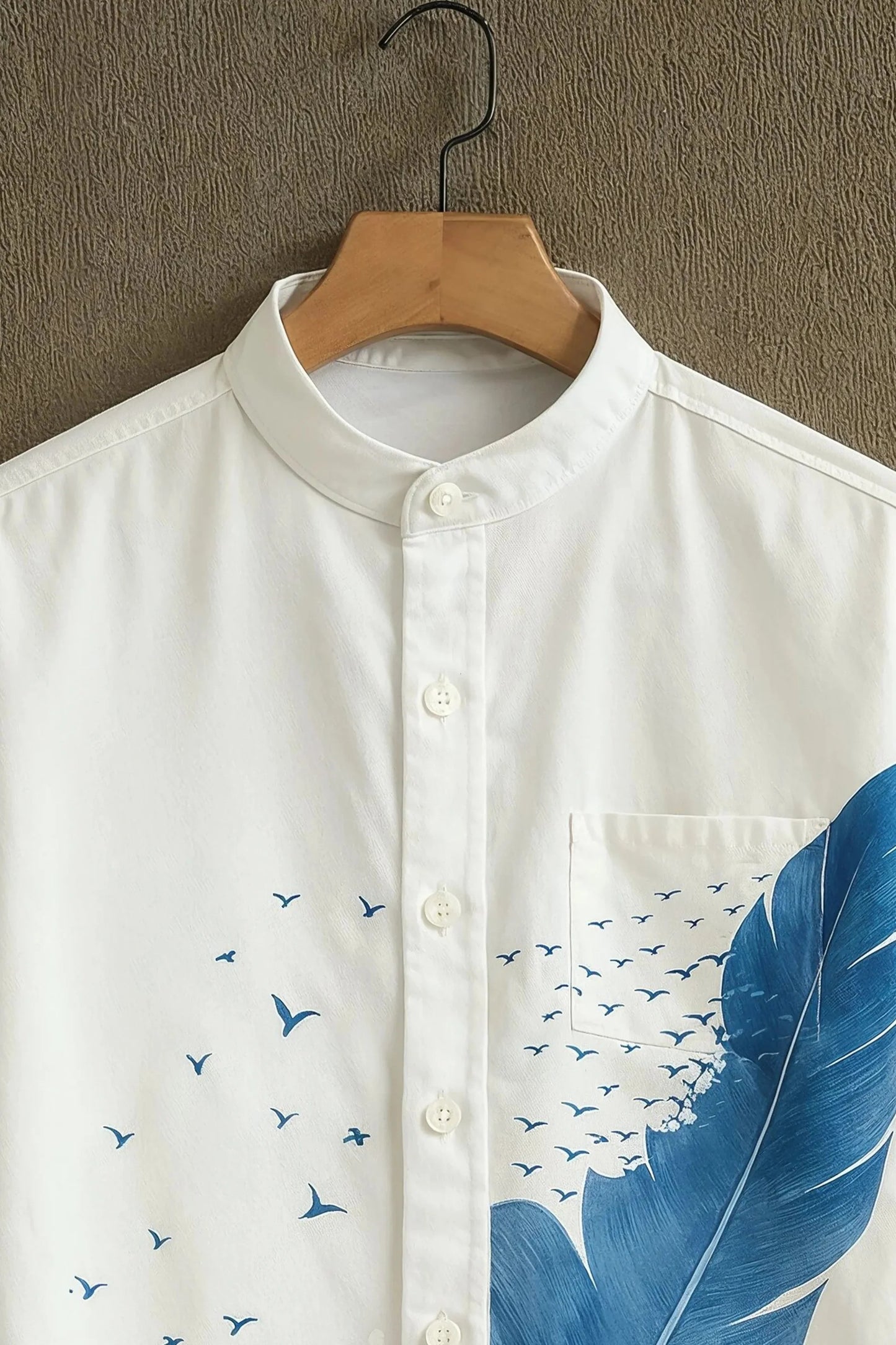 Blue Wave & Feather Print Mandarin Collar Shirt for Men | Artistic Summer Casual Shirt