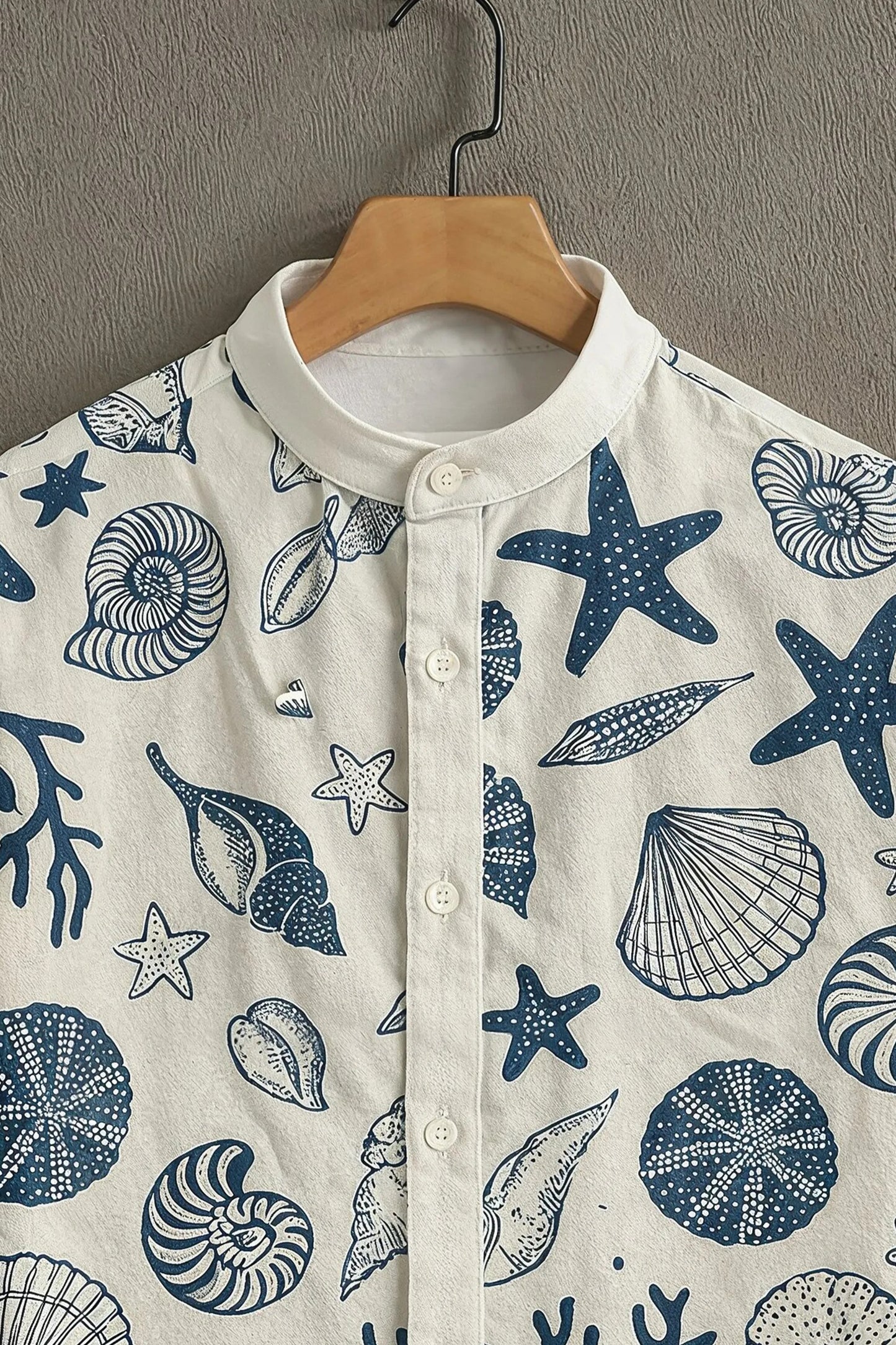 White Ocean Print Mandarin Collar Shirt for Men | Sea Shell & Starfish Casual Shirt