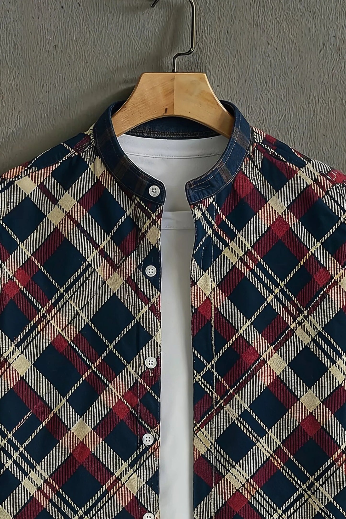 Navy Blue Checkered Mandarin Collar Shirt for Men | Stylish Half Sleeve Casual Shirt