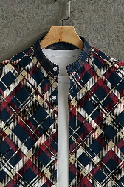 Navy Blue Checkered Mandarin Collar Shirt for Men | Stylish Half Sleeve Casual Shirt