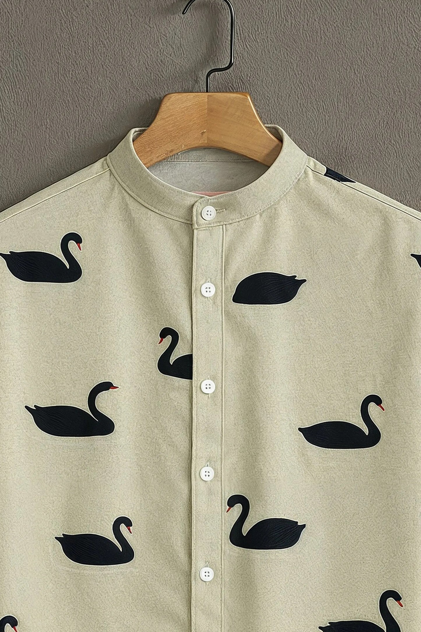 Beige Swan Print Mandarin Collar Shirt for Men | Minimal Half Sleeve Casual Shirt