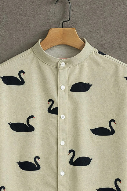 Beige Swan Print Mandarin Collar Shirt for Men | Minimal Half Sleeve Casual Shirt