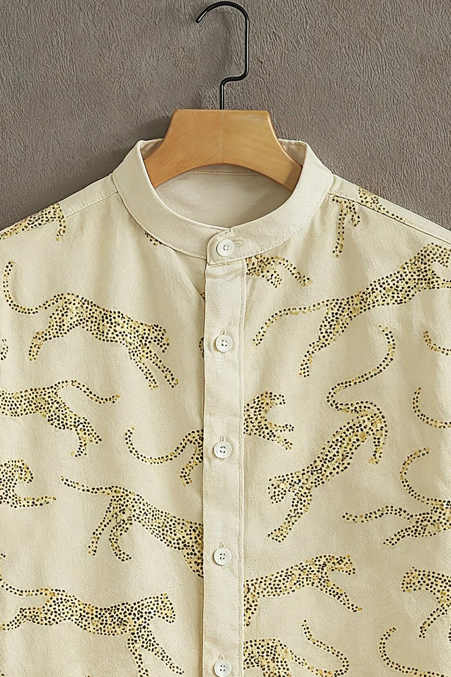Beige Leopard Print Mandarin Collar Shirt for Men | Stylish Half Sleeve Casual Shirt
