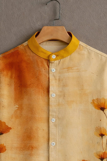 Beige Abstract Floral Mandarin Collar Shirt for Men | Stylish Half Sleeve Summer Shirt