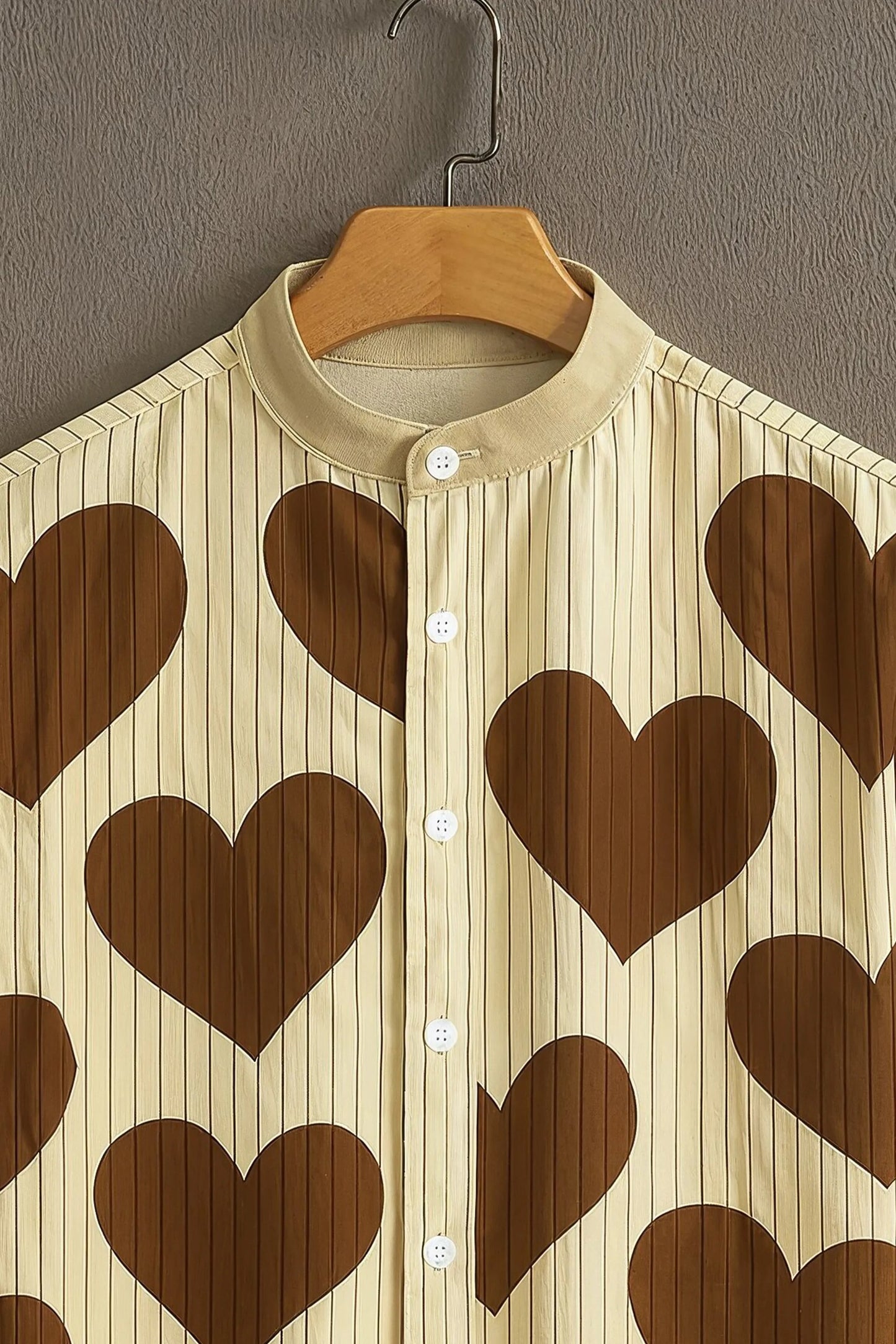 Beige Heart Print Mandarin Collar Shirt for Men | Trendy Half Sleeve Casual Shirt