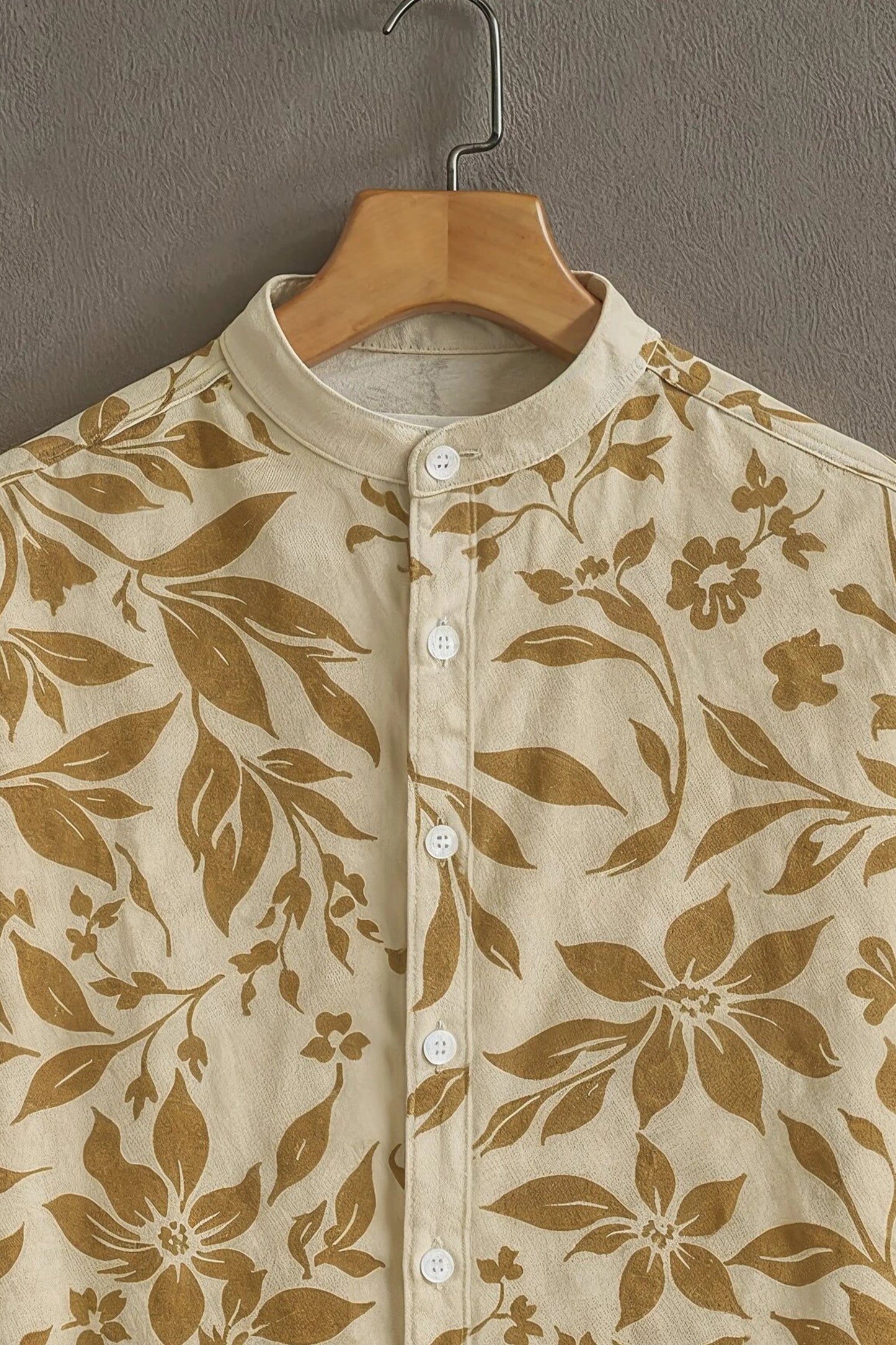Beige Floral Print Mandarin Collar Shirt for Men | Summer Casual Half Sleeve Shirt