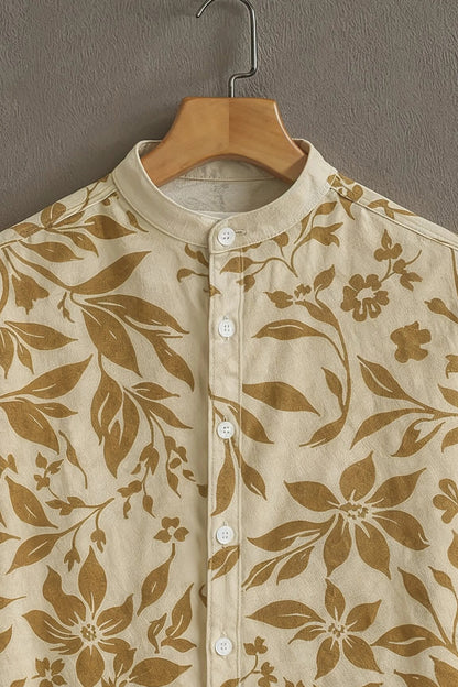 Beige Floral Print Mandarin Collar Shirt for Men | Summer Casual Half Sleeve Shirt