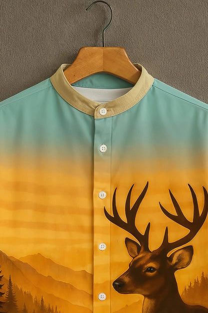 Sunset Deer Landscape Print Mandarin Collar Shirt for Men | Artistic Half Sleeve Casual Shirt