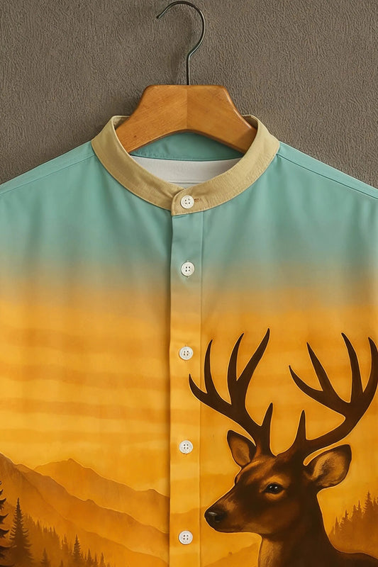 Sunset Deer Landscape Print Mandarin Collar Shirt for Men | Artistic Half Sleeve Casual Shirt
