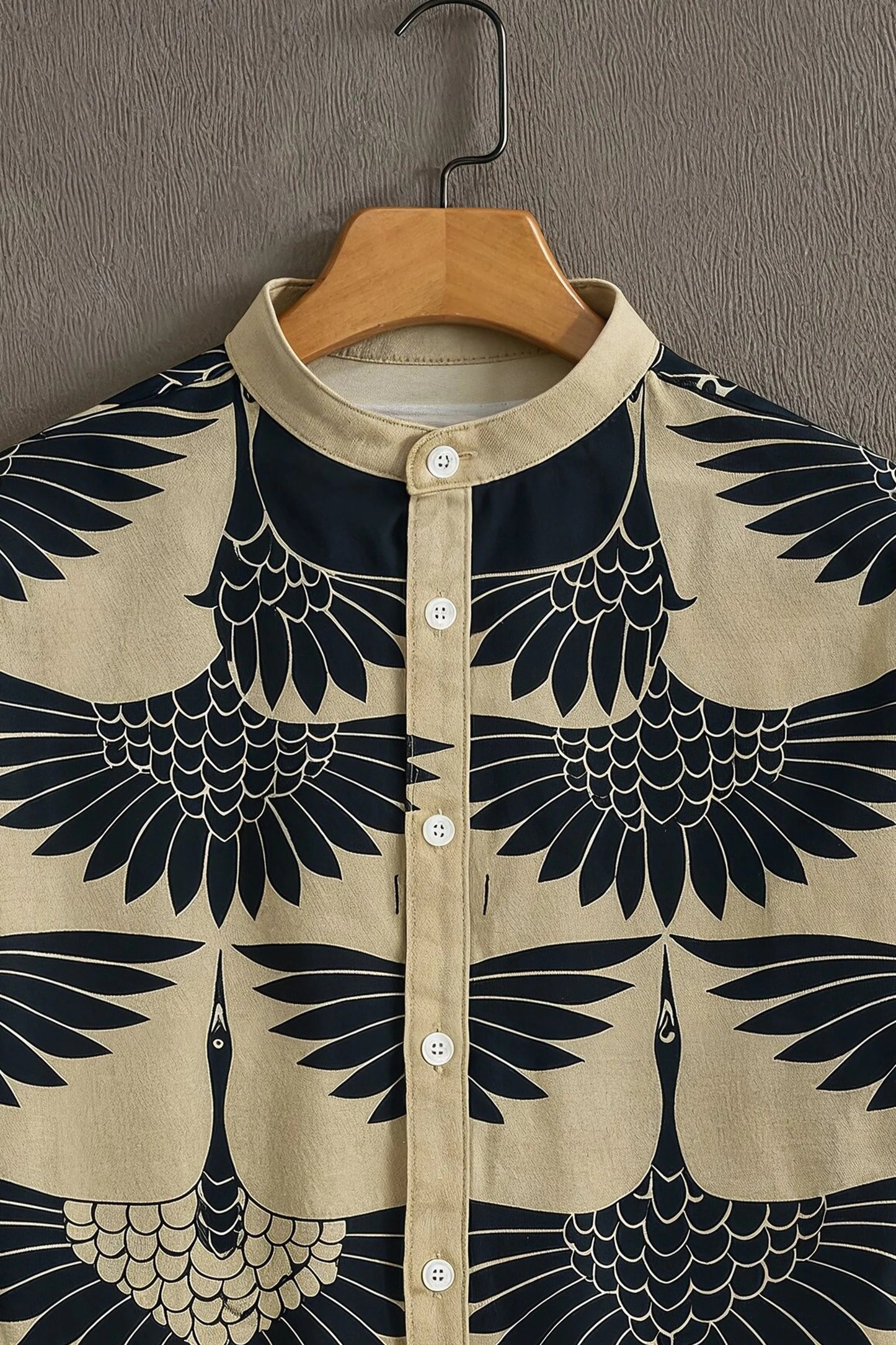 Navy Blue Crane Print Mandarin Collar Shirt for Men | Premium Half Sleeve Casual Shirt