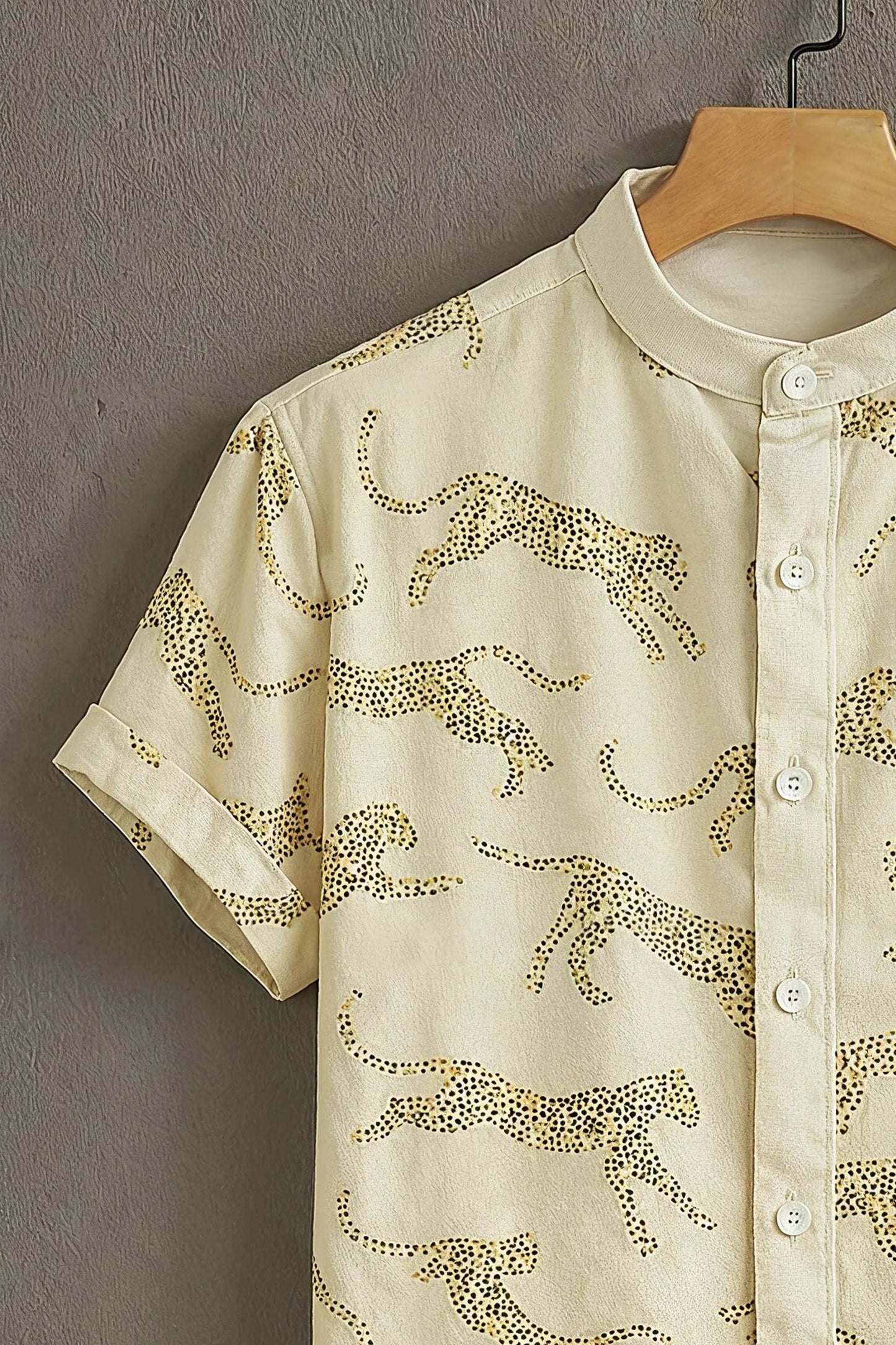Beige Leopard Print Mandarin Collar Shirt for Men | Stylish Half Sleeve Casual Shirt