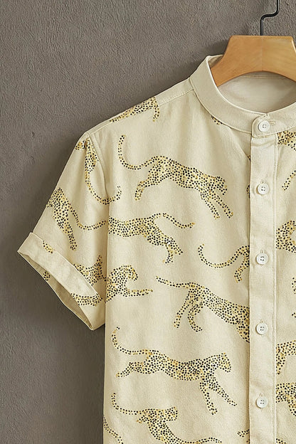 Beige Leopard Print Mandarin Collar Shirt for Men | Stylish Half Sleeve Casual Shirt