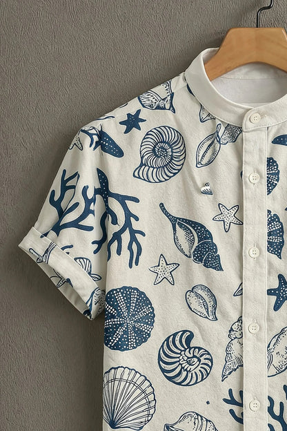 White Ocean Print Mandarin Collar Shirt for Men | Sea Shell & Starfish Casual Shirt