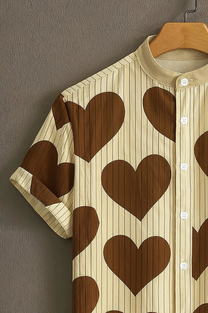 Beige Heart Print Mandarin Collar Shirt for Men | Trendy Half Sleeve Casual Shirt