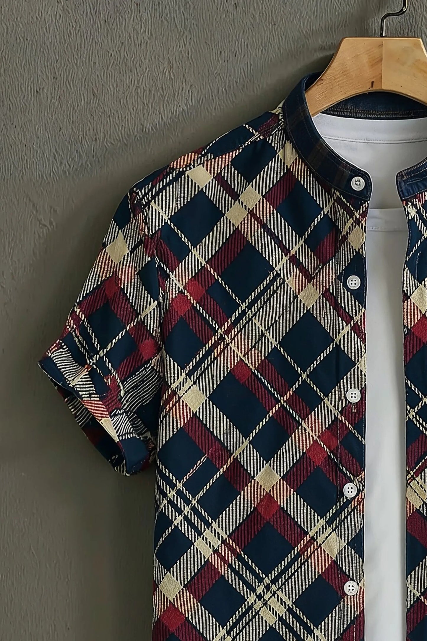 Navy Blue Checkered Mandarin Collar Shirt for Men | Stylish Half Sleeve Casual Shirt