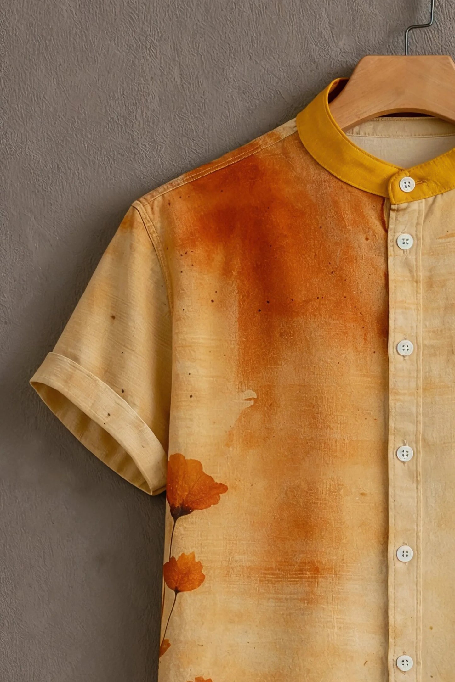 Beige Abstract Floral Mandarin Collar Shirt for Men | Stylish Half Sleeve Summer Shirt