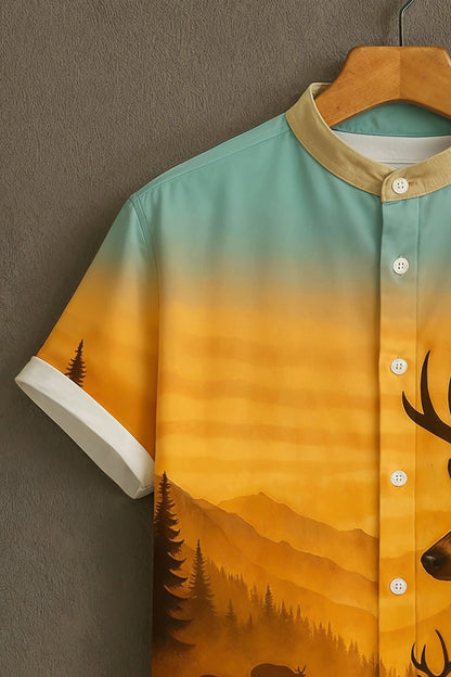 Sunset Deer Landscape Print Mandarin Collar Shirt for Men | Artistic Half Sleeve Casual Shirt
