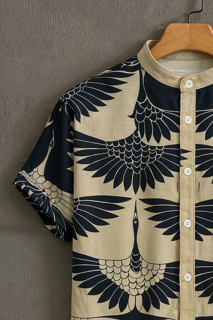 Navy Blue Crane Print Mandarin Collar Shirt for Men | Premium Half Sleeve Casual Shirt