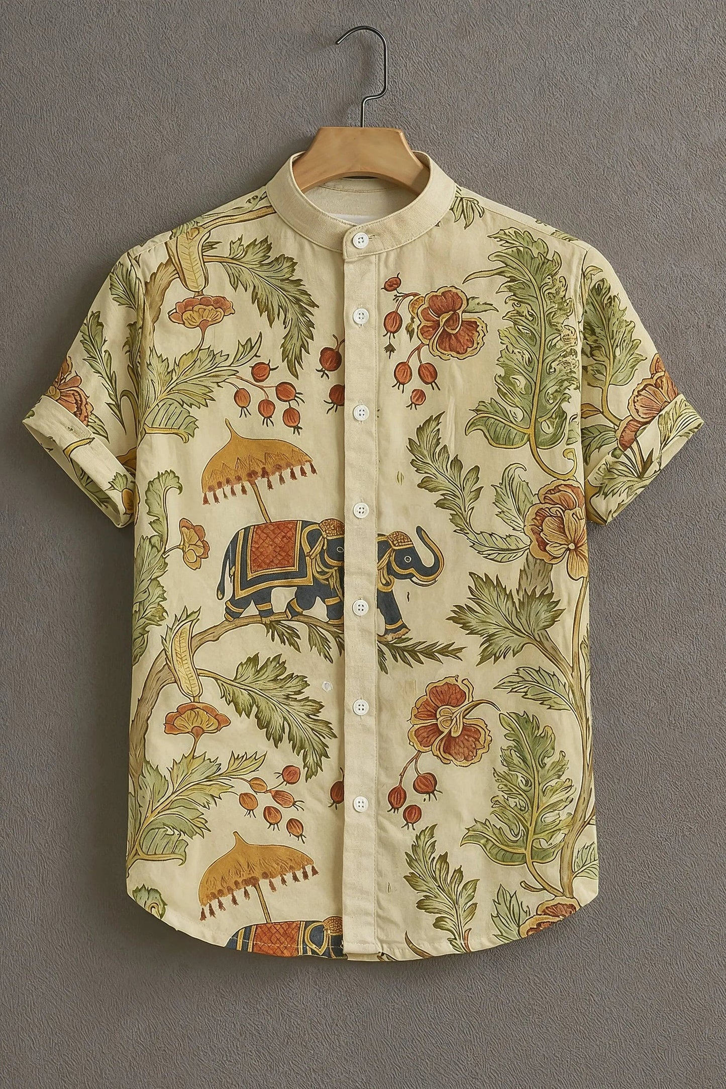 Vintage Elephant Print Mandarin Collar Shirt for Men | Ethnic Floral Half Sleeve Casual Shirt