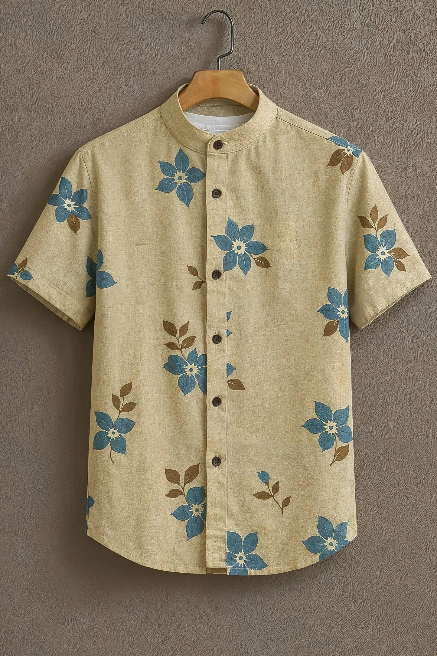Beige Blue Floral Print Mandarin Collar Shirt for Men | Minimal Half Sleeve Casual Shirt