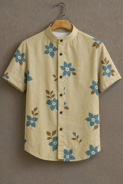 Beige Blue Floral Print Mandarin Collar Shirt for Men | Minimal Half Sleeve Casual Shirt