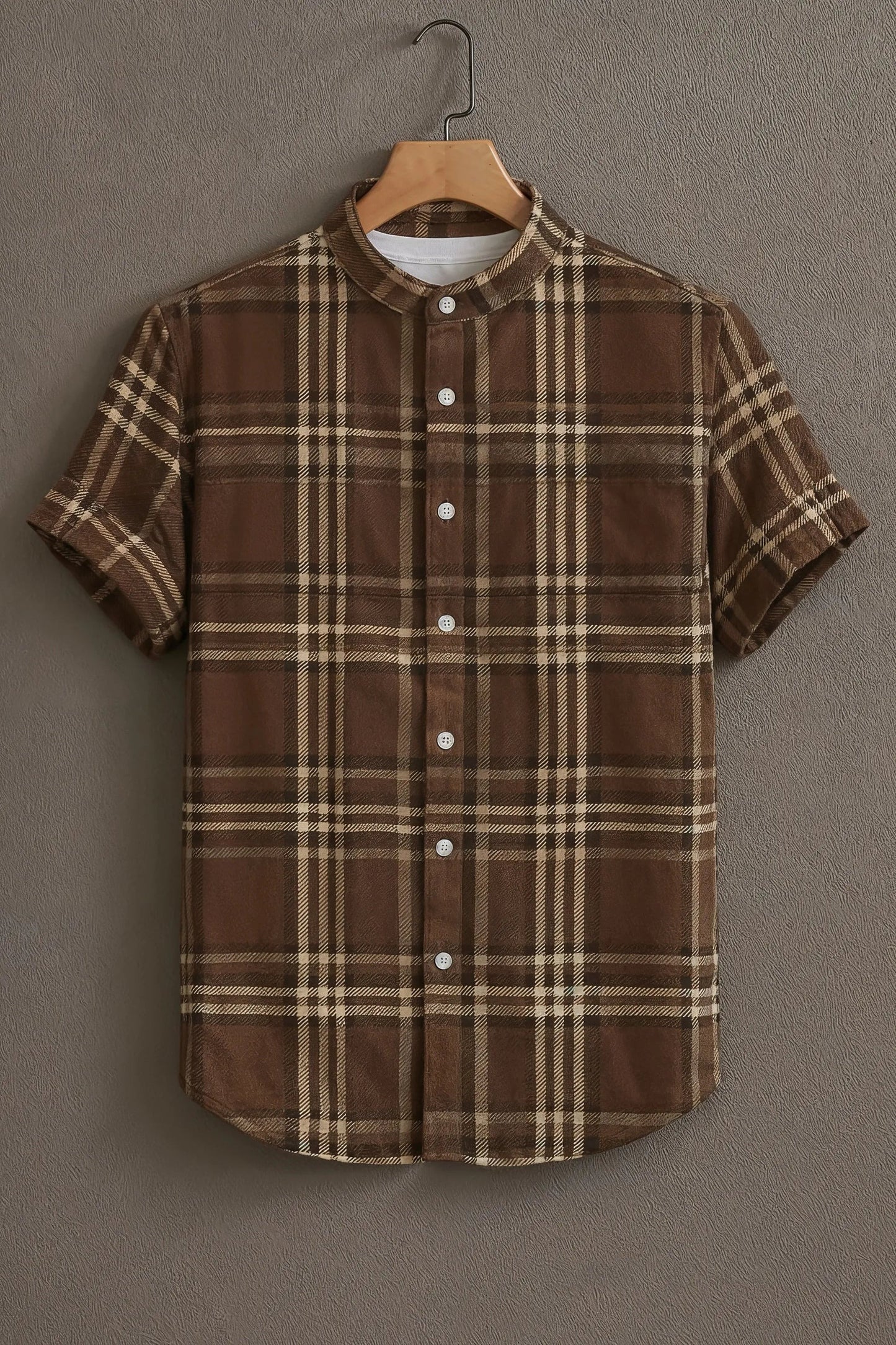 Brown Checkered Mandarin Collar Shirt for Men | Classic Plaid Half Sleeve Casual Shirt