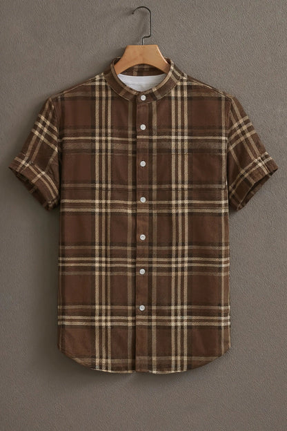 Brown Checkered Mandarin Collar Shirt for Men | Classic Plaid Half Sleeve Casual Shirt