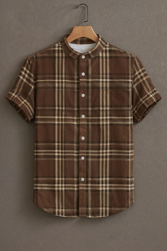 Brown Checkered Mandarin Collar Shirt for Men | Classic Plaid Half Sleeve Casual Shirt