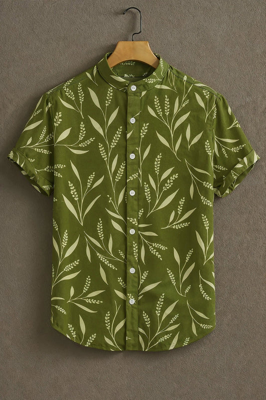 Olive Green Leaf Print Mandarin Collar Shirt for Men | Casual Summer Half Sleeve Shirt