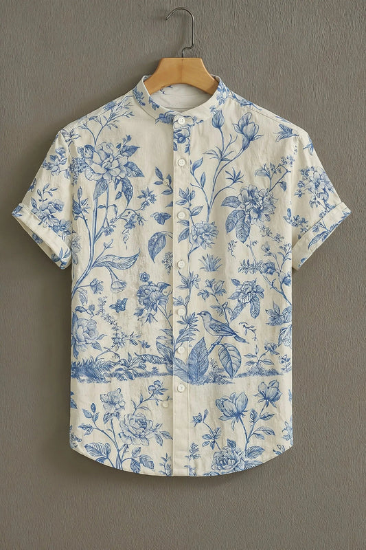 White Blue Floral Bird Print Mandarin Collar Shirt for Men | Elegant Half Sleeve Casual Shirt