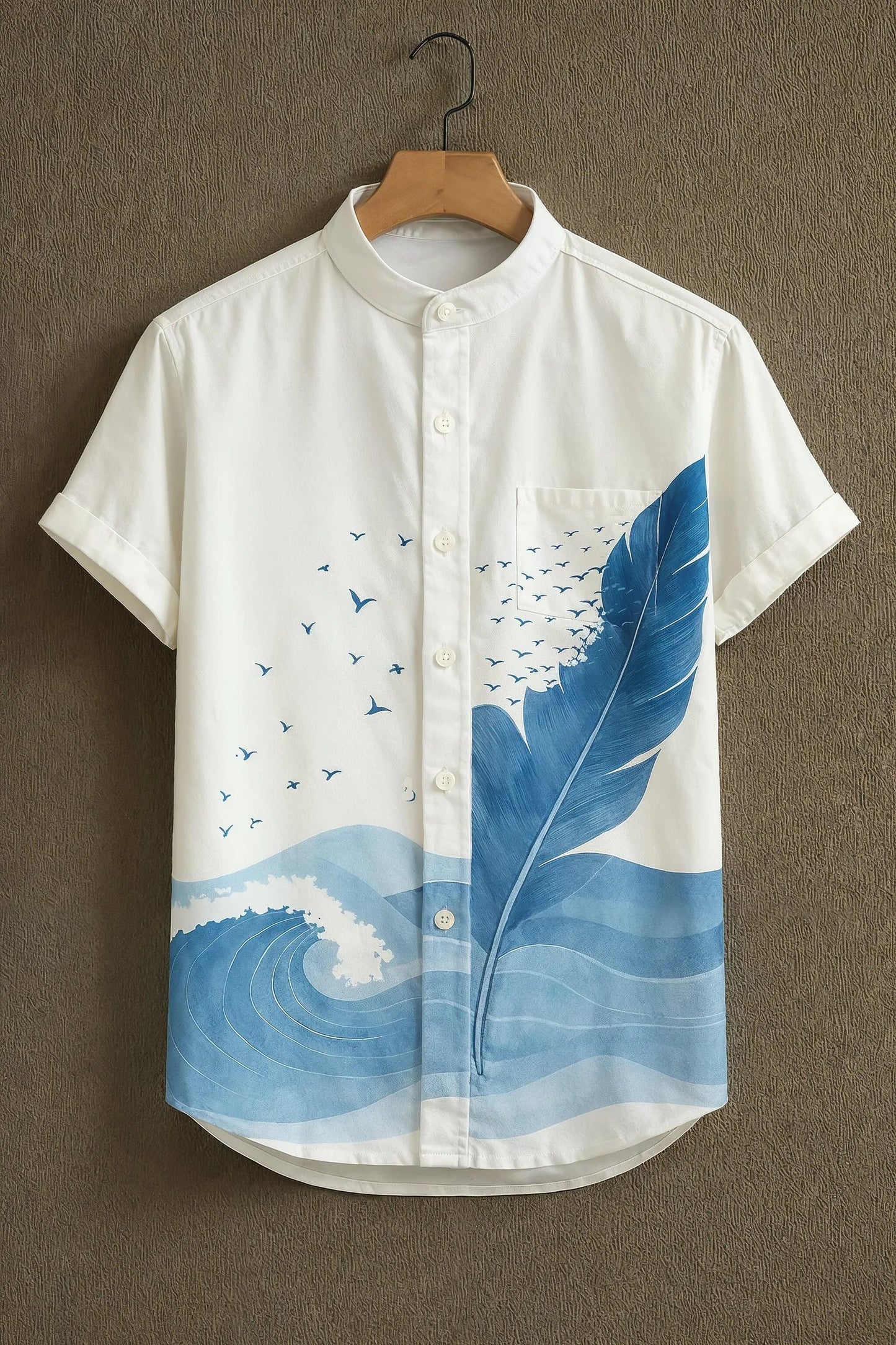 Blue Wave & Feather Print Mandarin Collar Shirt for Men | Artistic Summer Casual Shirt