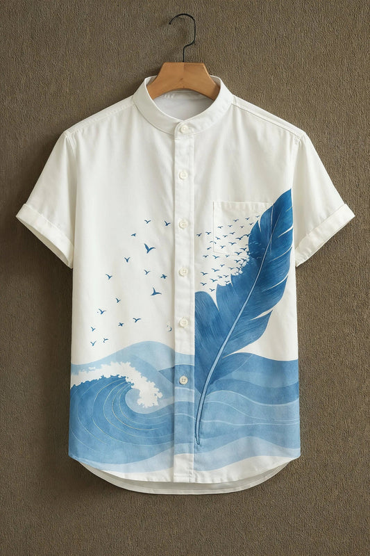 Blue Wave & Feather Print Mandarin Collar Shirt for Men | Artistic Summer Casual Shirt