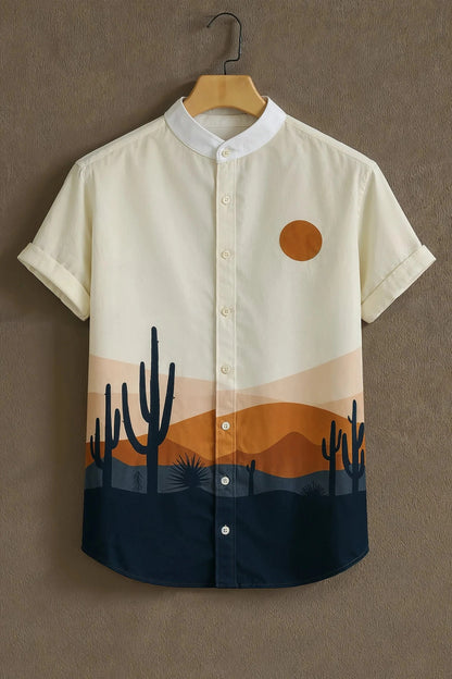 Desert Sunset Print Mandarin Collar Shirt for Men | Minimal Landscape Half Sleeve Casual Shirt