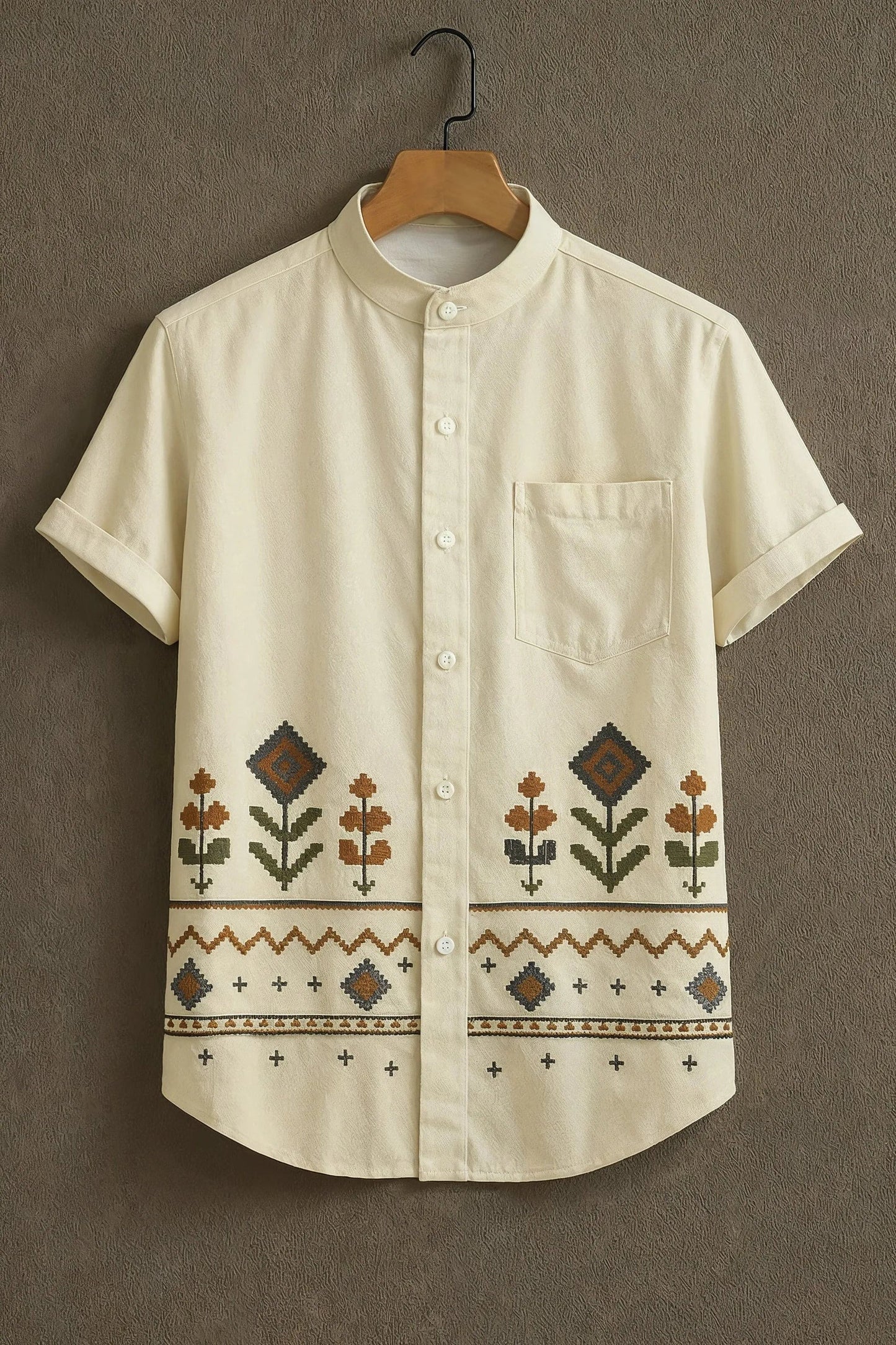 Minimal Ethnic Embroidered Mandarin Collar Shirt for Men | Off White Casual Designer Shirt