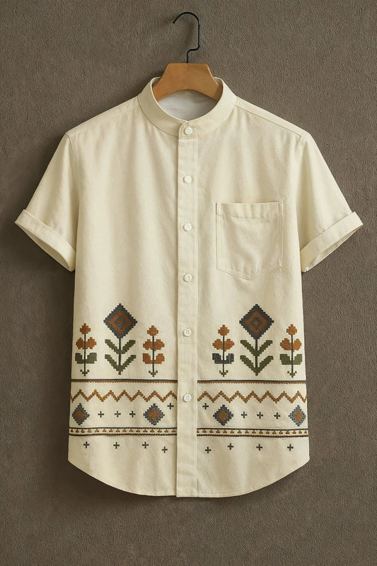 Minimal Ethnic Embroidered Mandarin Collar Shirt for Men | Off White Casual Designer Shirt