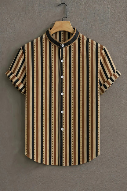 Beige Brown Vertical Stripe Mandarin Collar Shirt for Men | Retro Pattern Half Sleeve Casual Shirt