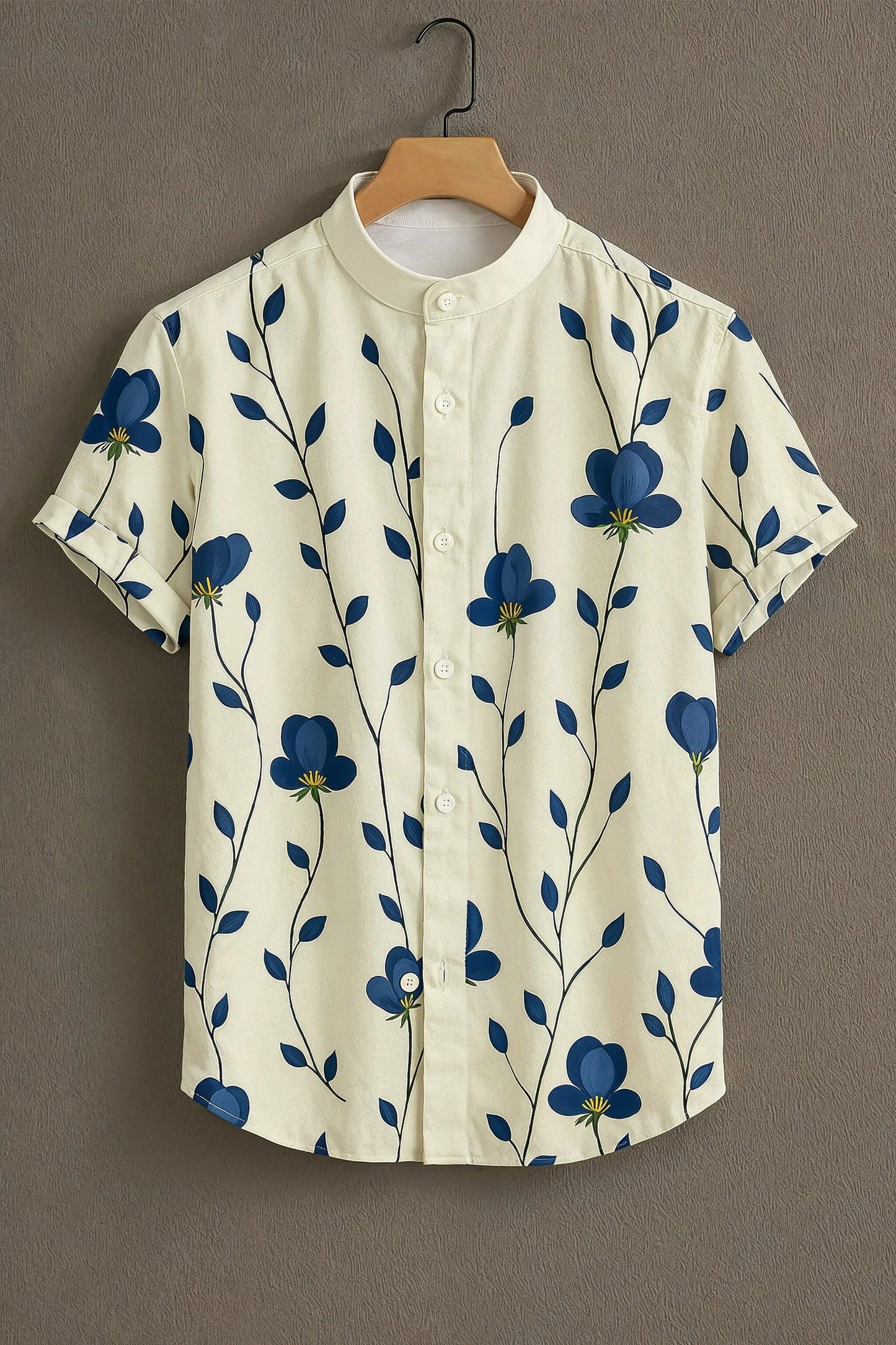 White Blue Floral Vine Print Mandarin Collar Shirt for Men | Minimal Elegant Half Sleeve Shirt