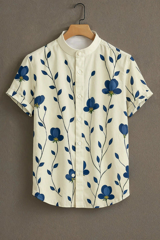 White Blue Floral Vine Print Mandarin Collar Shirt for Men | Minimal Elegant Half Sleeve Shirt
