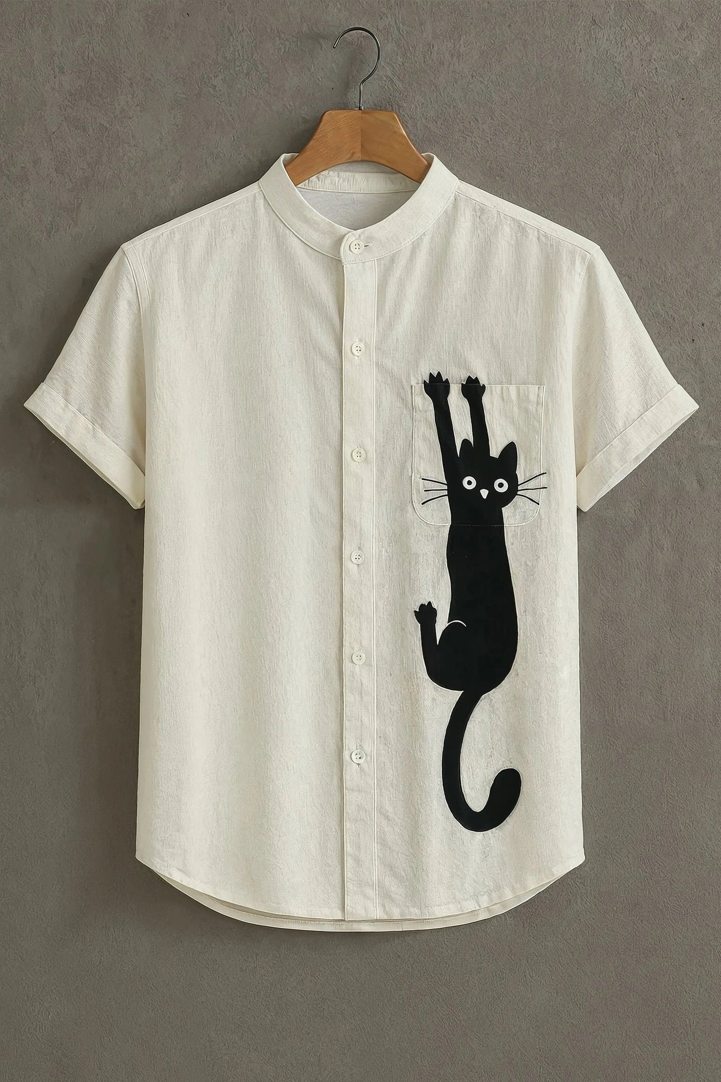 White Cat Print Mandarin Collar Shirt for Men | Minimal Graphic Half Sleeve Casual Shirt