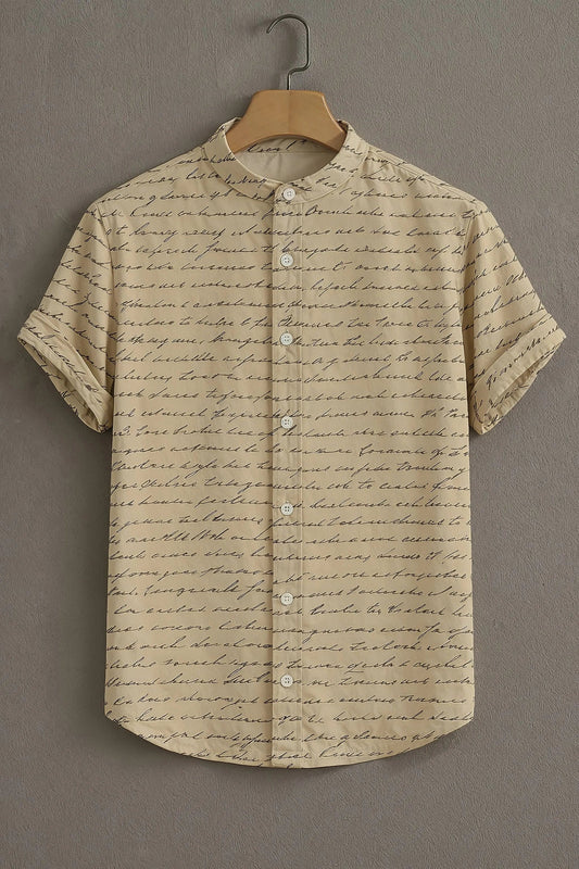 Beige Script Print Mandarin Collar Shirt for Men | Vintage Typography Half Sleeve Casual Shirt