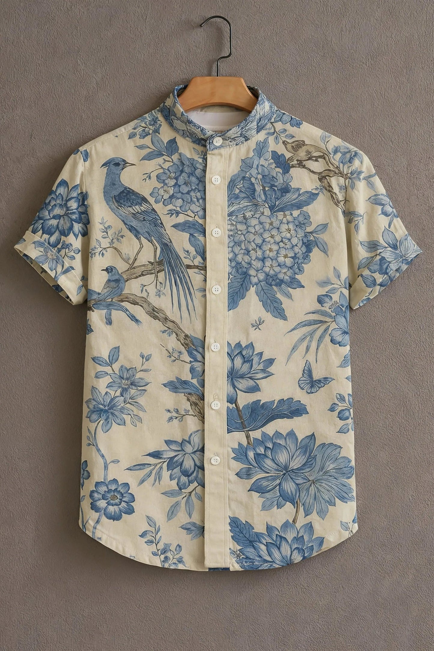 Beige Blue Floral Bird Print Mandarin Collar Shirt for Men | Elegant Half Sleeve Casual Shirt