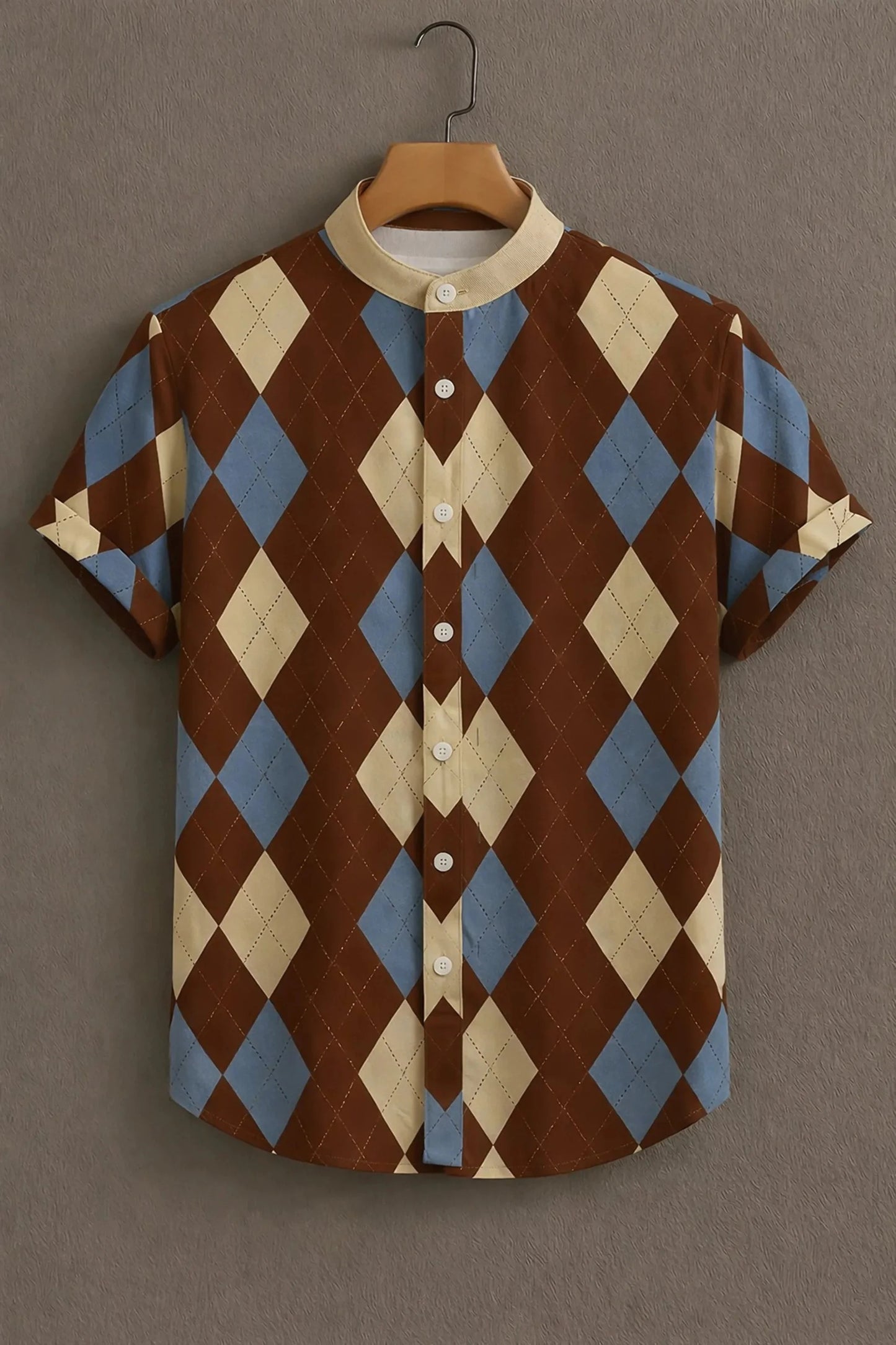 Brown Argyle Pattern Mandarin Collar Shirt for Men | Retro Diamond Print Half Sleeve Casual Shirt