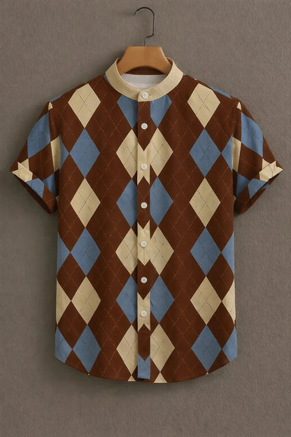 Brown Argyle Pattern Mandarin Collar Shirt for Men | Retro Diamond Print Half Sleeve Casual Shirt
